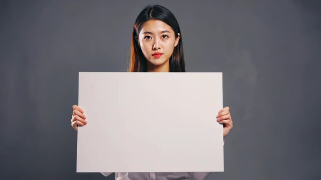 Young Asian woman holding a blank white poster board or sign against a neutral grey background looking at the camera.
