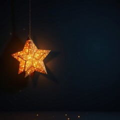 Shimmering gold star lantern hanging from the ceiling on a dark wall, lantern, dark background