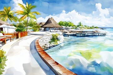 Fototapeta premium Watercolor illustration of a tropical beach resort with palm trees, thatched villas, 