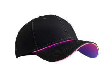 Stylish Black LED Baseball Cap with vibrant multicolor light trim against on transparent background