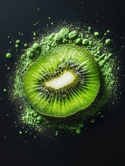 Fresh Kiwi Slice Surrounded by Green Powder on Dark Background