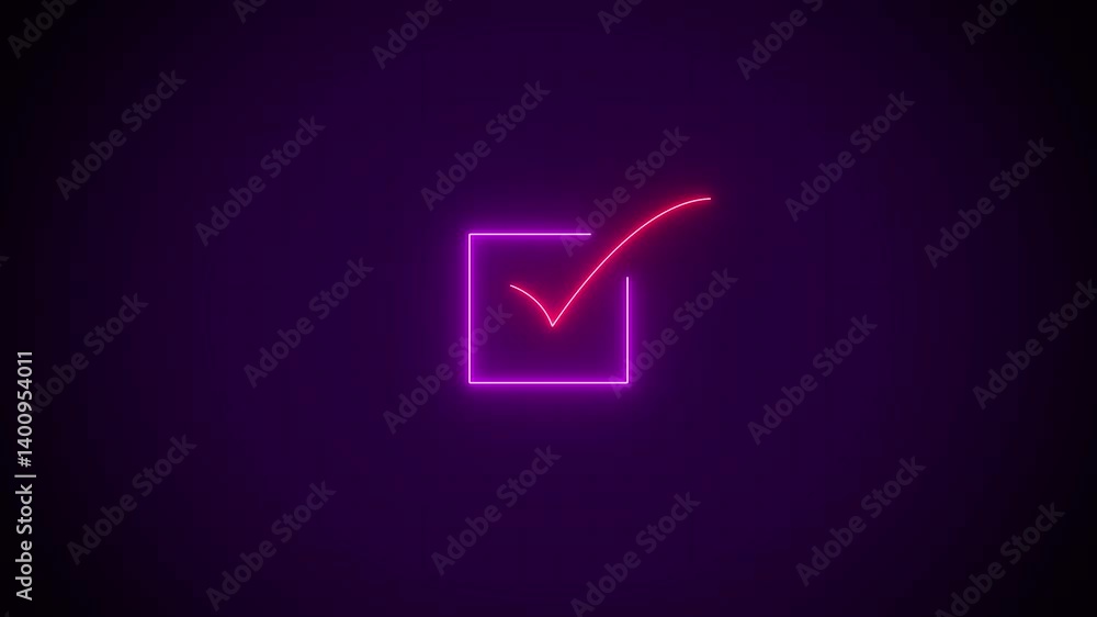 Poster neon glowing check mark icon animation select right yes sign checkbox confirm success correct animat