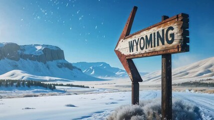 Sign with the inscription Welcome to  Wyoming against the background of a  winter  landscape