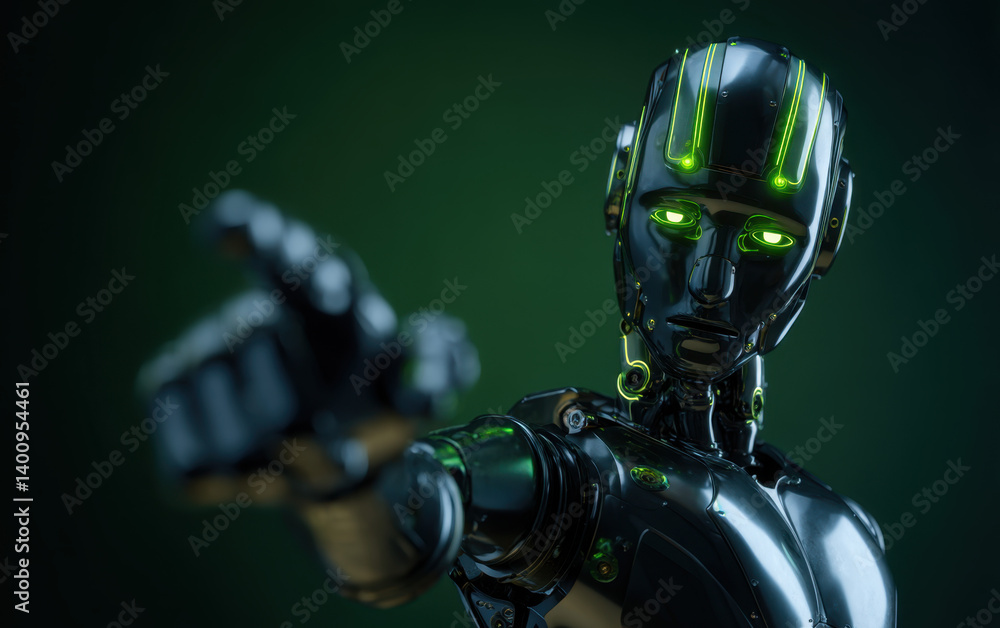 Poster a sleek robotic figure with green illuminated features points forward amidst a dark, tech-inspired b