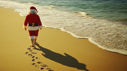 Santa walking barefoot golden sand leaving footprints as waves gently touch the shore