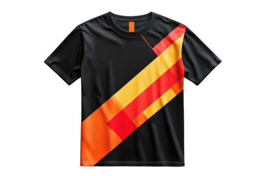 Stylish black t shirt with bold orange and red geometric design on a dark on transparent background