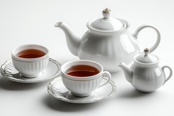 porcelain tea set on a white background: teapot, cups with saucers, sugar bowl, and creamer, top or angled view