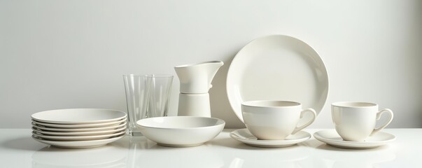 Set of spotless dishware including plates, bowls, and glasses on white table, neat, cups