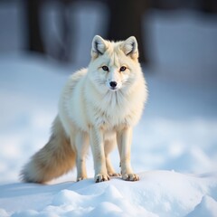 Obraz premium Arctic fox standing on snowbank, wildlife photography, cold climate