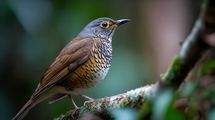 A rufous-bellied thrush perched on a mossy branch in a lush forest.