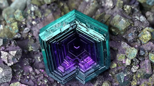 Purple and Teal layered gemstone surrounded by pyrite crystals, intricate mineral composition, detail, abstract crystal formation, geology