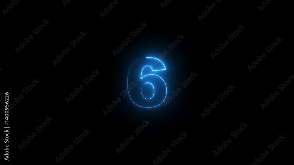 Poster neon text 6 number countdown icon background 4k animation.