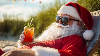 Santa wearing sunglasses lounging a beach chair with a tropical drink enjoying a sunny Christmas day