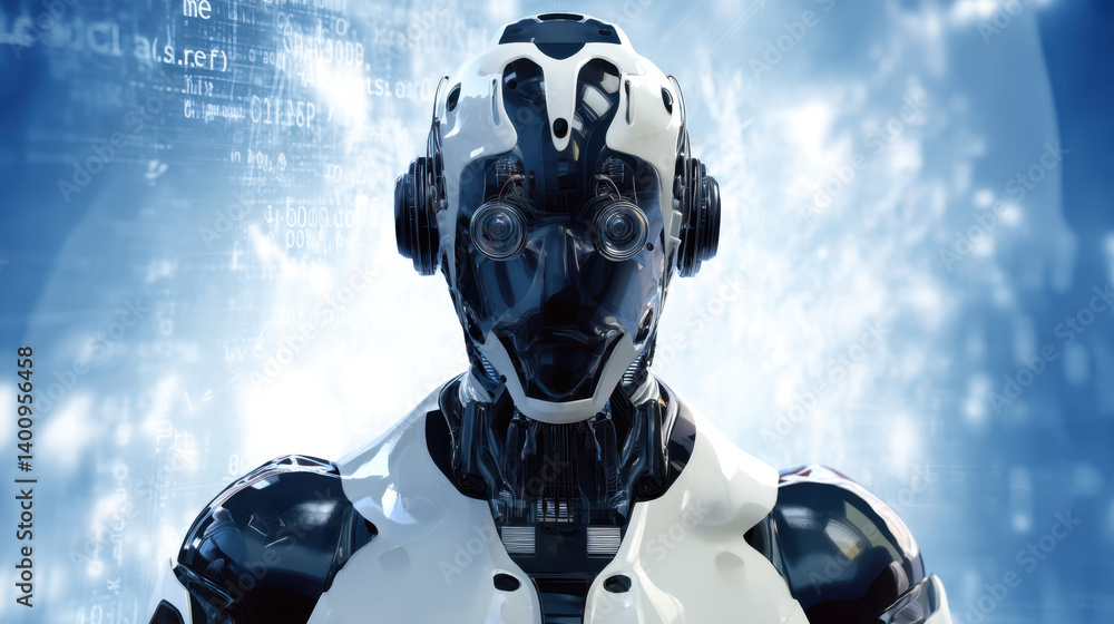 Poster a humanoid robot showcases its advanced design, featuring intricate mechanical components and a slee