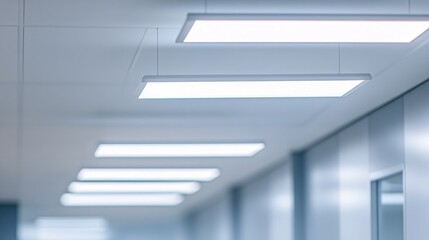 Obraz premium Modern, bright led lighting fixtures in a sterile hallway.