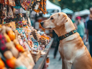 Dog curiously observing market stall, charming street scene.  A sunny day brings people and pets together.