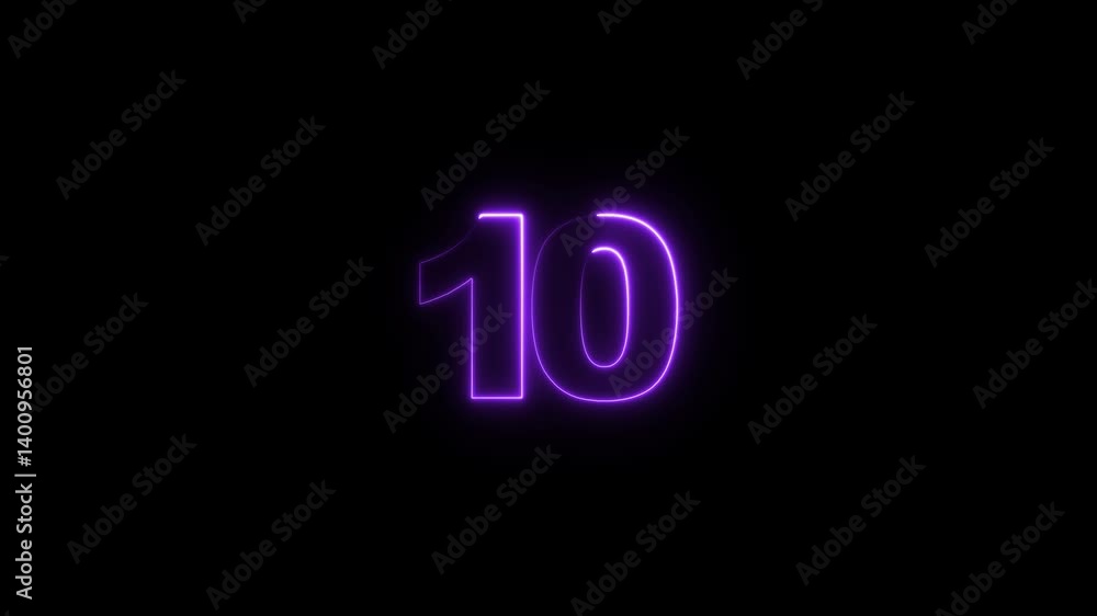 Poster abstract glowing neon text 10 number countdown icon. glowing sign on black background neon number.