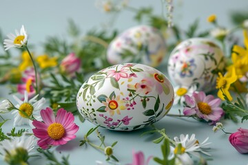 Fototapeta premium Floral painted Easter eggs surrounded by fresh spring blossoms
