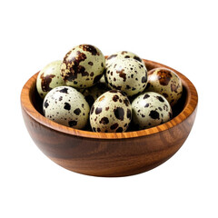 Obraz premium A rustic wooden bowl overflowing with speckled quail eggs, a delightful collection of nature's tiny treasures, bathed in soft light. transparent background.
