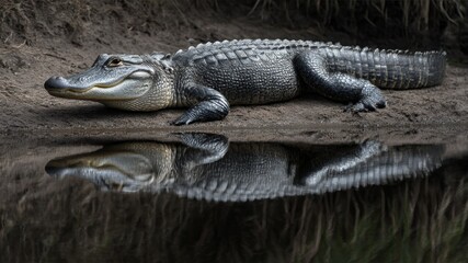 Fototapeta premium Alligator resting on muddy shore, reflecting in the dark water. Close up.