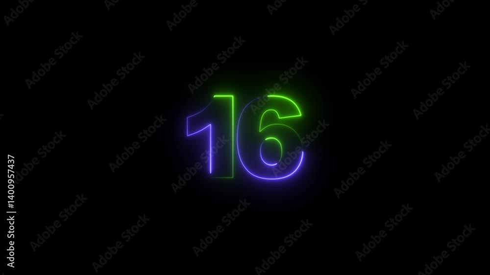 Poster neon text 16 number countdown icon background 4k animation.