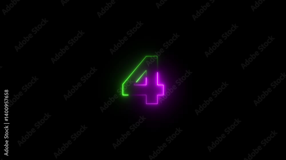 Poster neon text 4 number countdown icon background 4k animation.