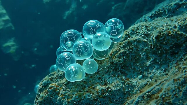 Cluster of translucent sea squirt eggs clinging to a textured rock surface in the deep, blue ocean environment, marine life