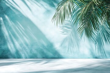Abstract gradient blue studio background for product presentation. Empty room with shadows of window and flowers and palm leaves . 3d room with copy space. Summer concert. Blurred backdrop.