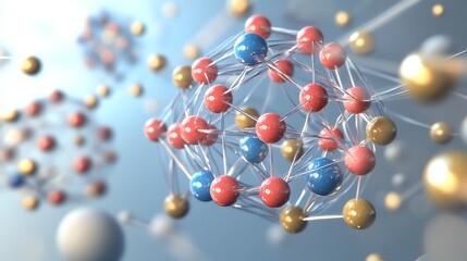 Molecular Structure Visualization with Red Blue and Golden Spheres Connecting