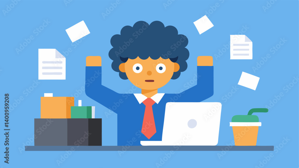Poster overloaded desk scene a cartoonstyle office setup featuring a worker seated at a cluttered desk. the