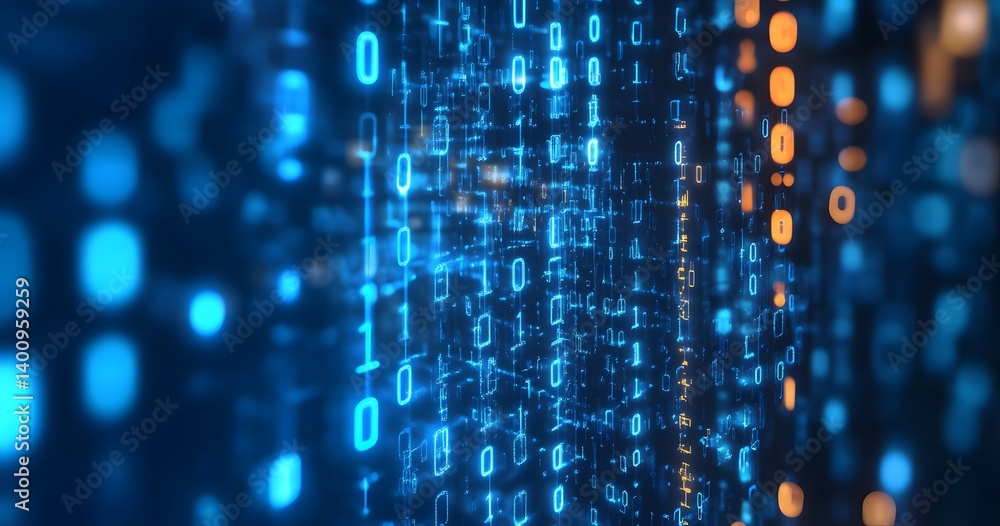 Poster abstract blue digital background with glowing connections and dots forming lines on the surface of a