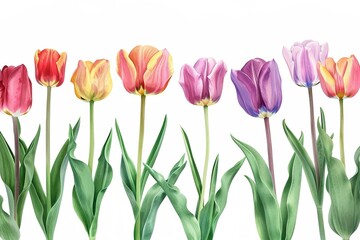 Artistic watercolor rendering of tulips displaying a range of colors and bloom development.