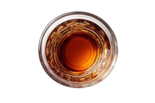 Amber liquid swirls in a crystal glass against a black backdrop a top down view showcasing rich color and texture