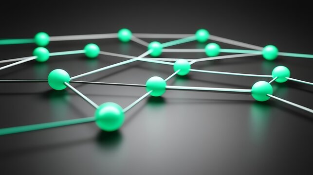 A network of interconnected teal spheres on a dark surface.