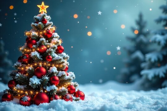 Snow-covered Christmas tree with ornaments and garlands, holiday, festive