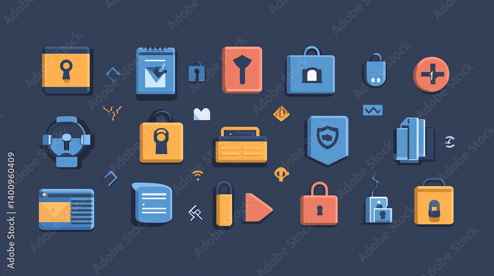 Poster flat design ui ux icon set vector graphic illustration with security and business elements for web a