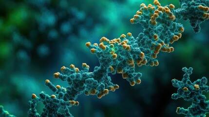 Detailed 3D rendering of a complex DNA structure.  A close-up view of the double helix showcasing intricate molecular formations