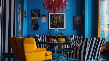 Blue room, striped chairs, chandelier, art, interior design, luxury home