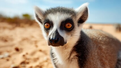Fototapeta premium A close-up portrait of a curious ring-tailed lemur looking at the camera.