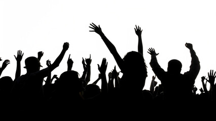 Fototapeta premium Excited crowd with raised hands at concert isolated on white background PNG