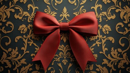 A vibrant red bow, elegantly tied, is placed on a patterned surface framed by ornate golden flourishes, exuding sophistication and celebratory charm