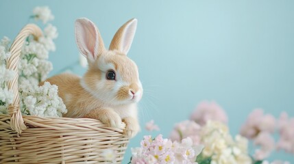 Obraz premium easter eggs festive decorations. Adorable Bunny in Basket with White Flowers Easter Springtime Pet Animal Portrait Gentle and Serene.