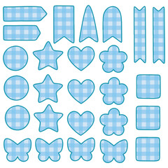 Collection of blue gingham patterned shapes including hearts, stars, banners, and circles for DIY and scrapbooking projects