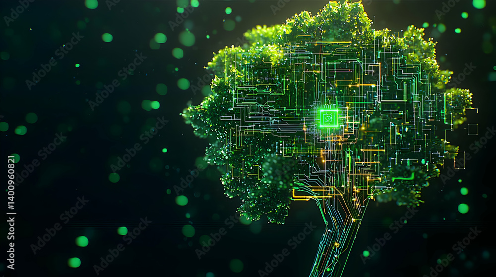 Poster abstract glowing digital tree with circuit lines