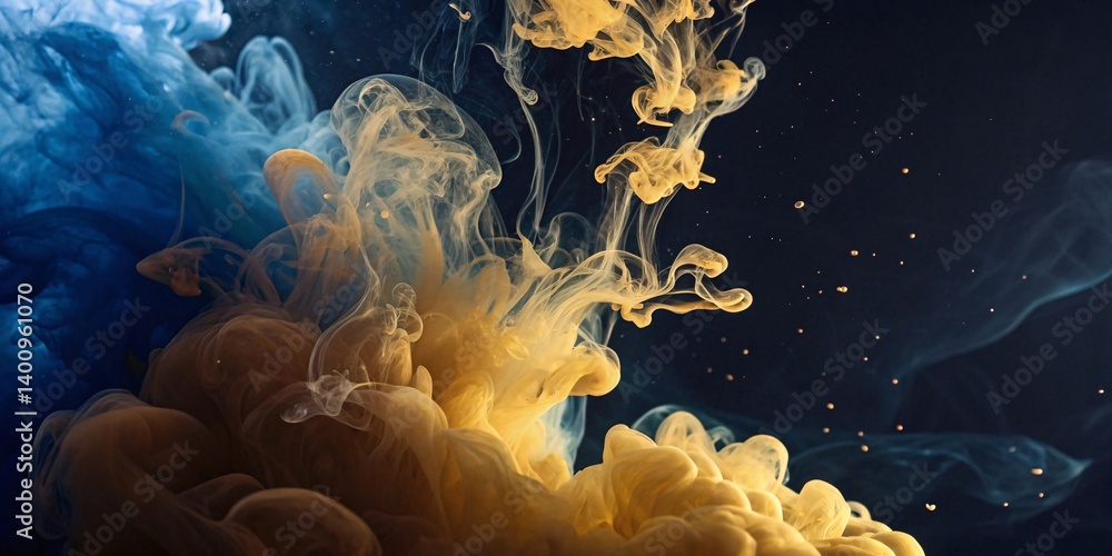 Poster abstract fluid art swirling golden and blue dyes create adynamic whirlpool of color and movement aga
