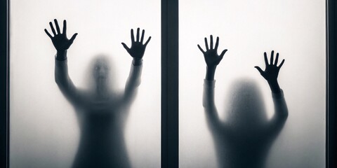Silhouetted figures, hands reaching, desperately clawing at a frosted glass surface, a chilling scene of unseen struggle and despair, evoking a sense of confinement and helplessness.