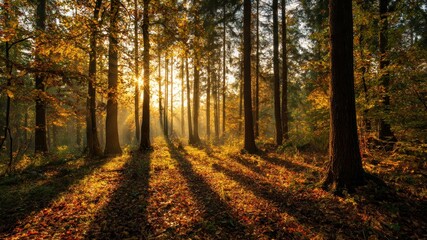 Obraz premium Sunlight streams through trees, creating long shadows on the forest floor.