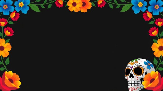 Vibrant floral frame with a decorated sugar skull on black background perfect for Dia de los Muertos invitations or announcements. - Powered by Adobe