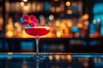 A cocktail of vibrant red hue, served in an intricately designed glass and adorned with a brightly colored flower, rests on a bar that shines with a soft, gentle glow and is set against a blurred