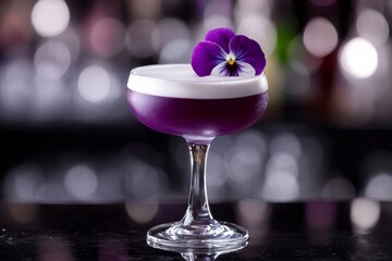 A sophisticated drink, adorned with a vibrant purple pansy and topped with a frothy white layer, exudes class and artisanal craftsmanship